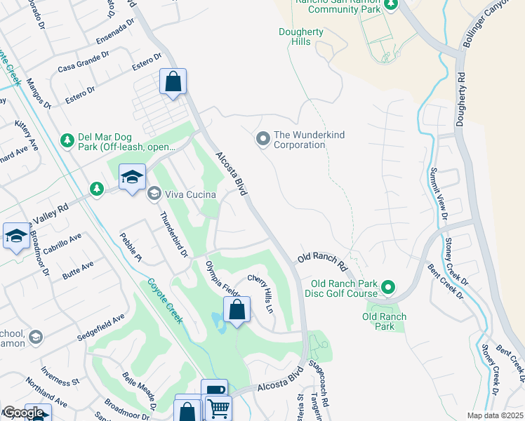 map of restaurants, bars, coffee shops, grocery stores, and more near 9591 Alcosta Boulevard in San Ramon