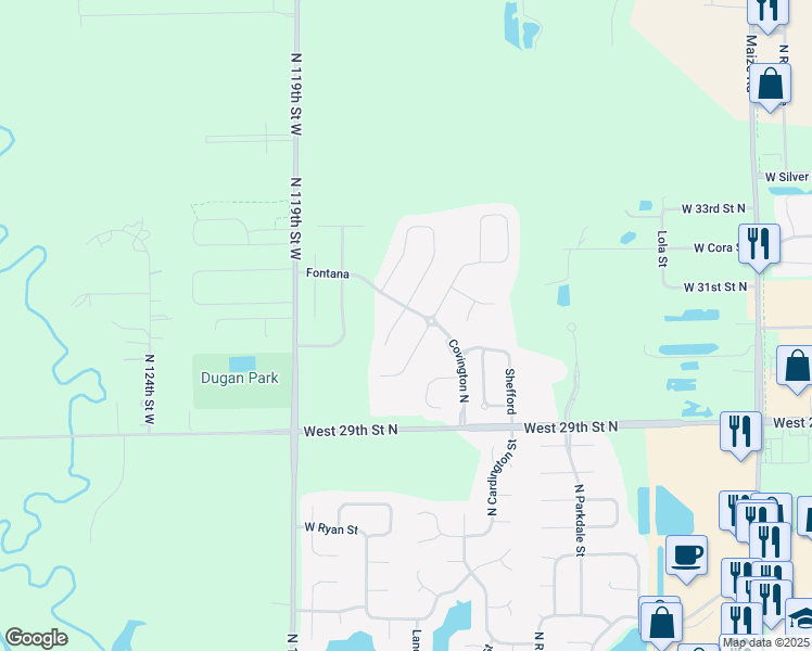 map of restaurants, bars, coffee shops, grocery stores, and more near 3133 North Landon Circle in Wichita