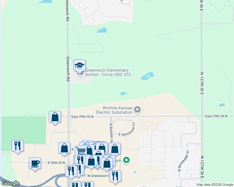 map of restaurants, bars, coffee shops, grocery stores, and more near 12000 East 29th Street North in Wichita