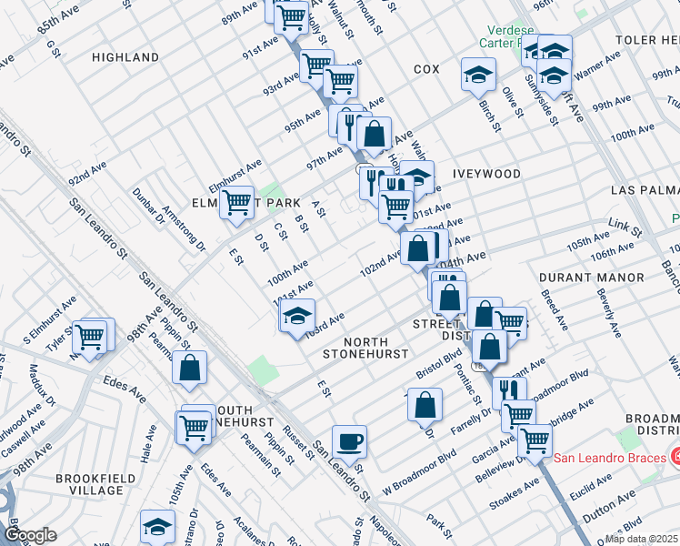 map of restaurants, bars, coffee shops, grocery stores, and more near 1246 101st Avenue in Oakland