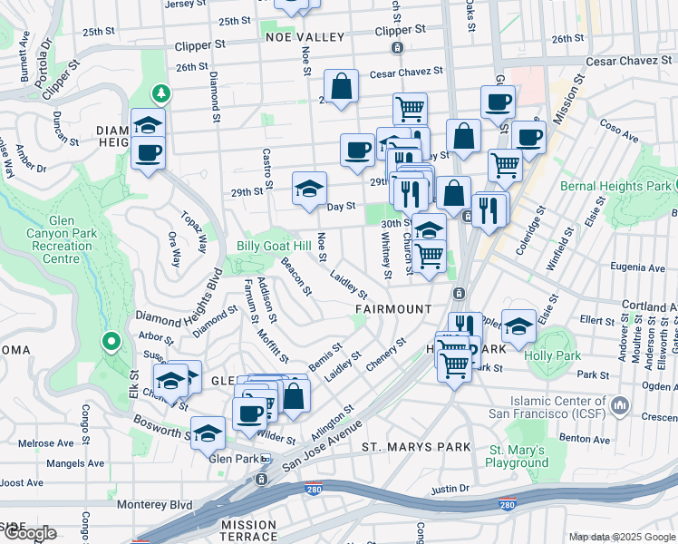 map of restaurants, bars, coffee shops, grocery stores, and more near 111 Laidley Street in San Francisco