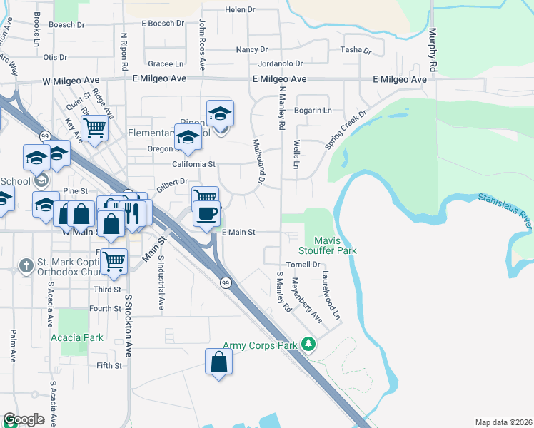 map of restaurants, bars, coffee shops, grocery stores, and more near 709 East Main Street in Ripon