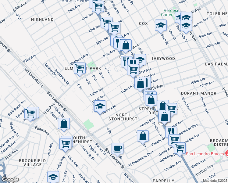 map of restaurants, bars, coffee shops, grocery stores, and more near 1246 101st Avenue in Oakland