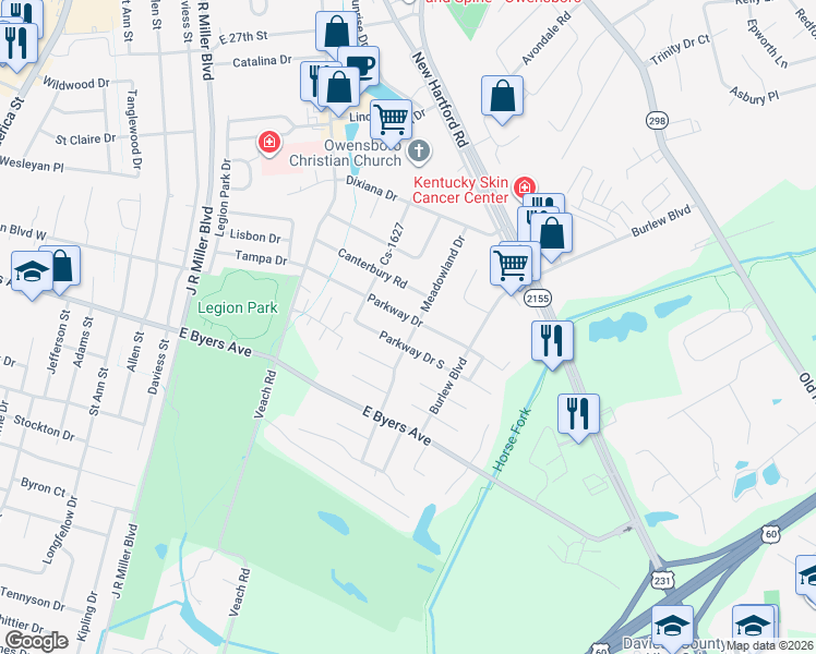 map of restaurants, bars, coffee shops, grocery stores, and more near 841 Parkway Drive South in Owensboro