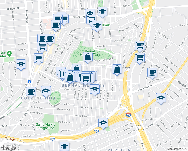 map of restaurants, bars, coffee shops, grocery stores, and more near Folsom St & Eugenia Ave in San Francisco