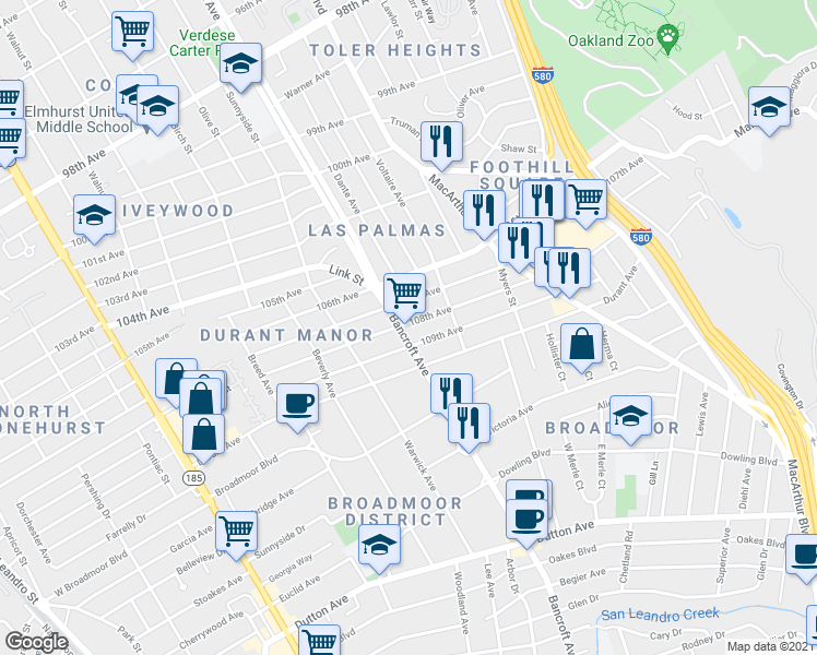 map of restaurants, bars, coffee shops, grocery stores, and more near 10800 Bancroft Avenue in Oakland