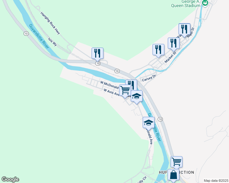 map of restaurants, bars, coffee shops, grocery stores, and more near 101-109 W 2nd St in Man