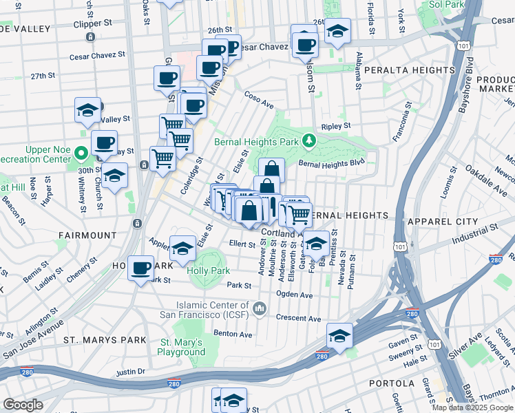 map of restaurants, bars, coffee shops, grocery stores, and more near 103 Wool Street in San Francisco
