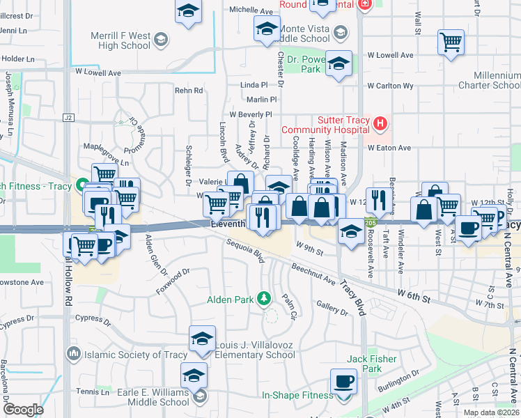 map of restaurants, bars, coffee shops, grocery stores, and more near 1170 West 11th Street in Tracy