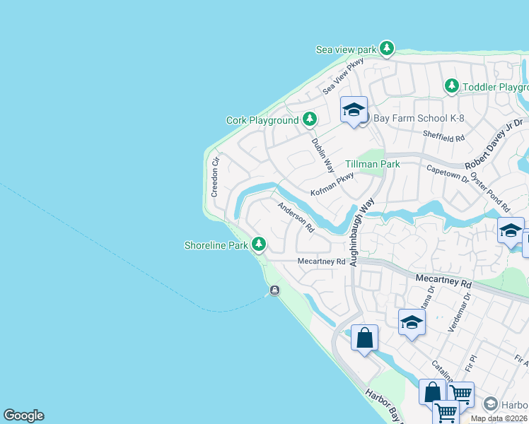 map of restaurants, bars, coffee shops, grocery stores, and more near 33 McMurty Court in Alameda