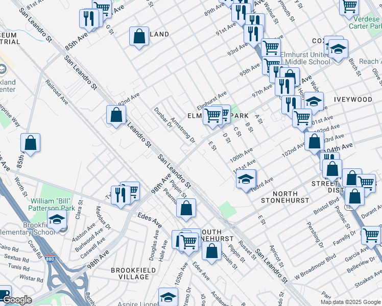 map of restaurants, bars, coffee shops, grocery stores, and more near 98th Avenue in Oakland