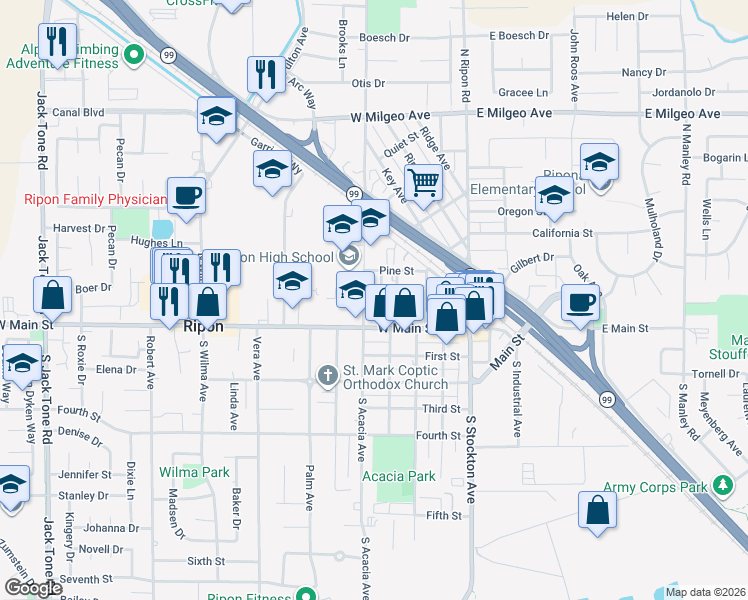map of restaurants, bars, coffee shops, grocery stores, and more near 125 Capps Way in Ripon