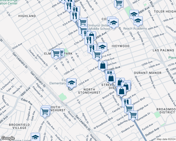 map of restaurants, bars, coffee shops, grocery stores, and more near 1261 102nd Avenue in Oakland