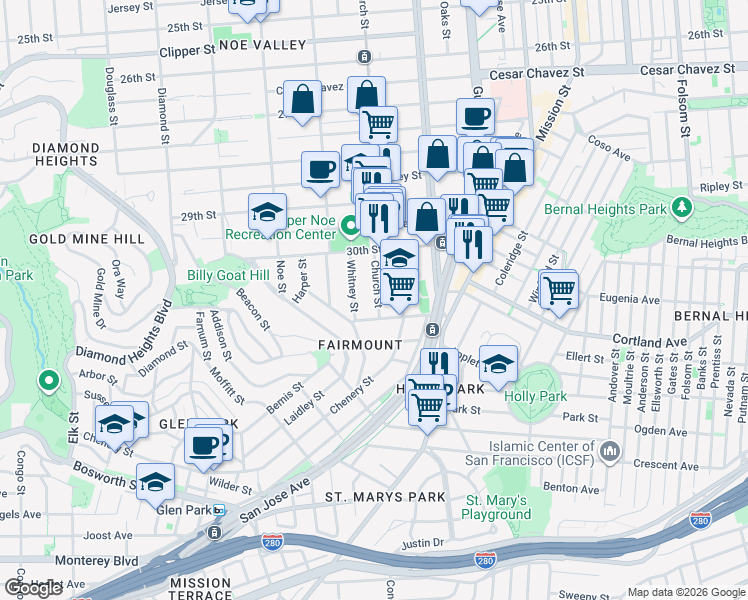 map of restaurants, bars, coffee shops, grocery stores, and more near 1872 Church Street in San Francisco