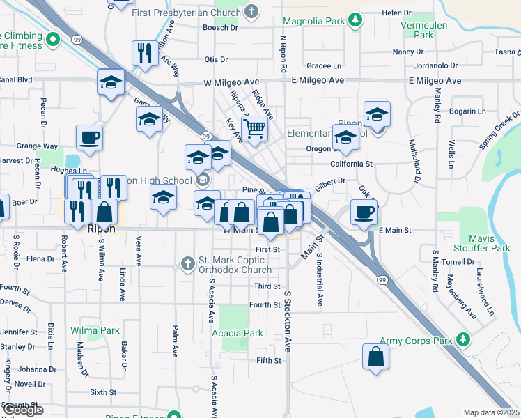 map of restaurants, bars, coffee shops, grocery stores, and more near 128 North Walnut Avenue in Ripon