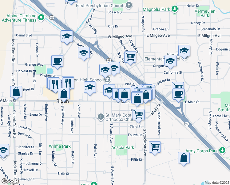 map of restaurants, bars, coffee shops, grocery stores, and more near 125 Capps Way in Ripon
