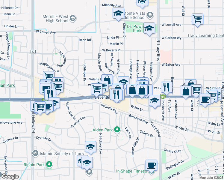 map of restaurants, bars, coffee shops, grocery stores, and more near 1170 West 11th Street in Tracy