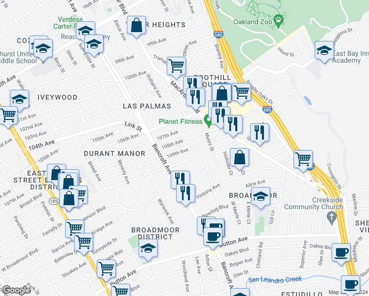 map of restaurants, bars, coffee shops, grocery stores, and more near 2314 109th Avenue in Oakland