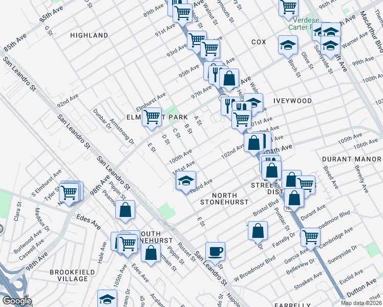 map of restaurants, bars, coffee shops, grocery stores, and more near 1122 100th Avenue in Oakland