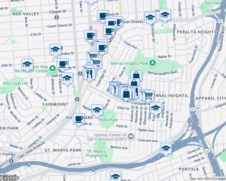 map of restaurants, bars, coffee shops, grocery stores, and more near 201 Cortland Avenue in San Francisco