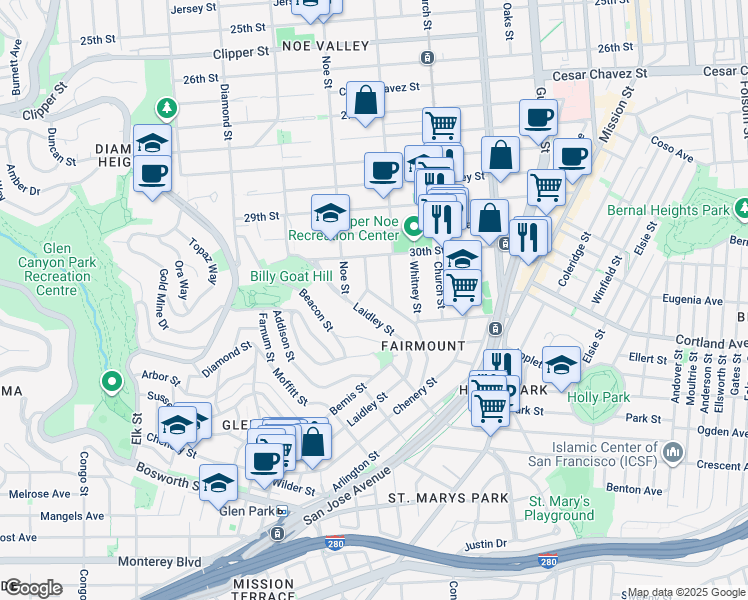 map of restaurants, bars, coffee shops, grocery stores, and more near 115 Laidley Street in San Francisco