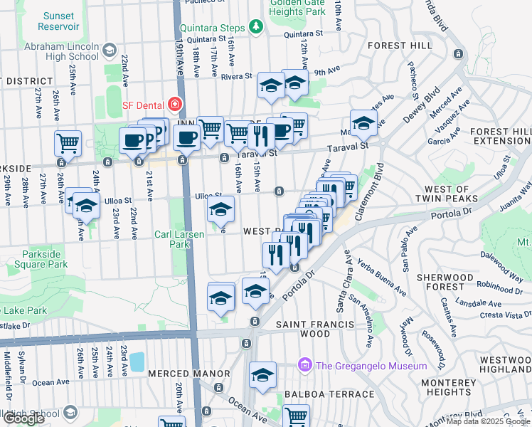 map of restaurants, bars, coffee shops, grocery stores, and more near 2579 14th Avenue in San Francisco