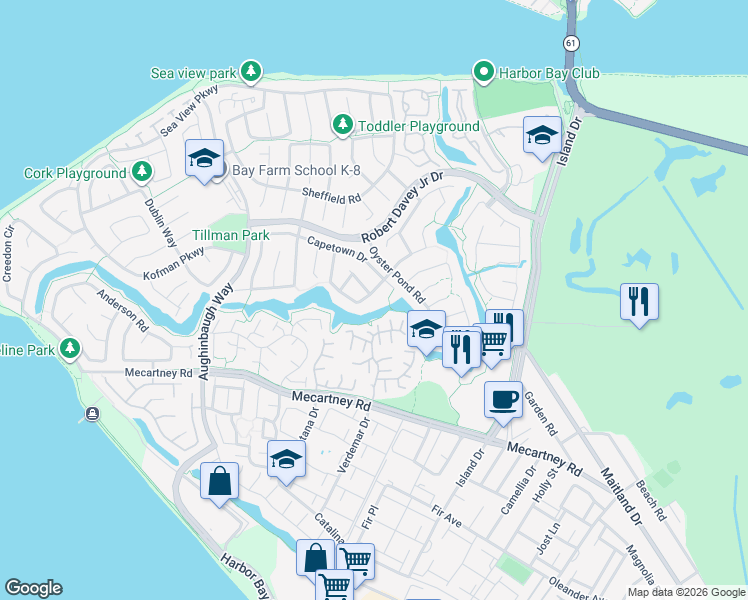 map of restaurants, bars, coffee shops, grocery stores, and more near 184 Basinside Way in Alameda
