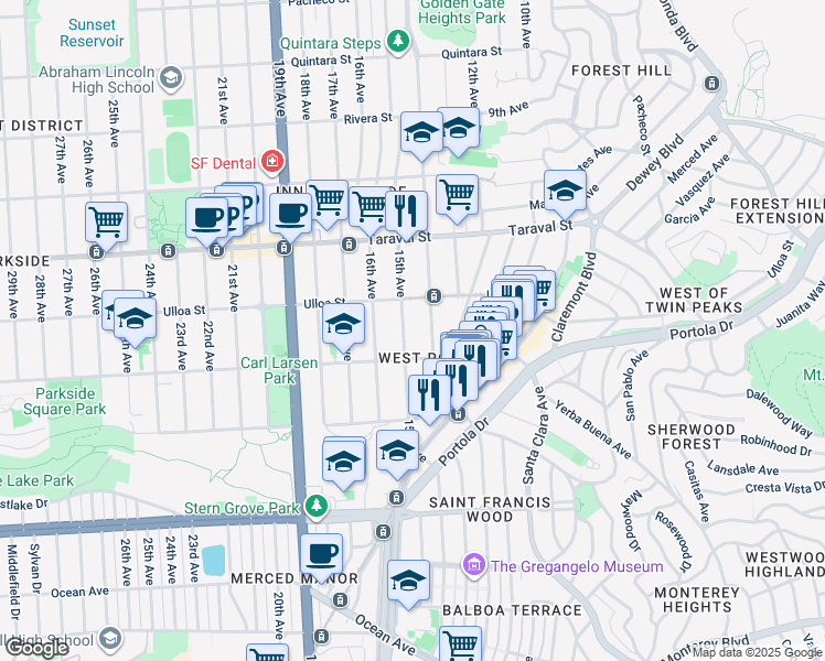 map of restaurants, bars, coffee shops, grocery stores, and more near 2579 14th Avenue in San Francisco