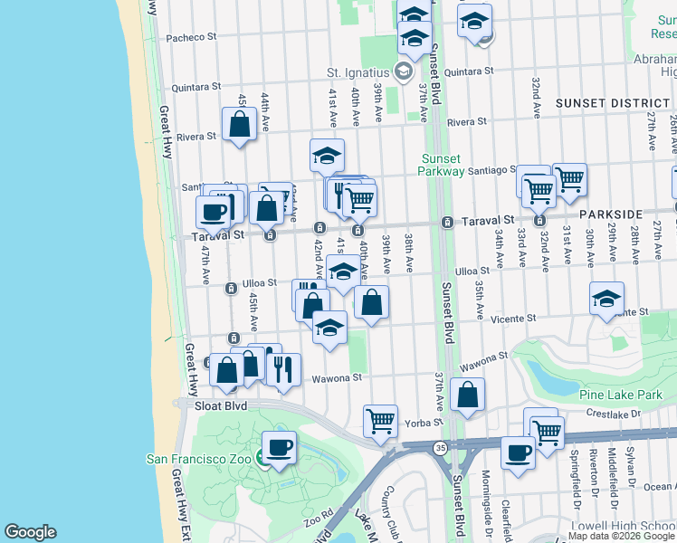 map of restaurants, bars, coffee shops, grocery stores, and more near 2487 41st Avenue in San Francisco