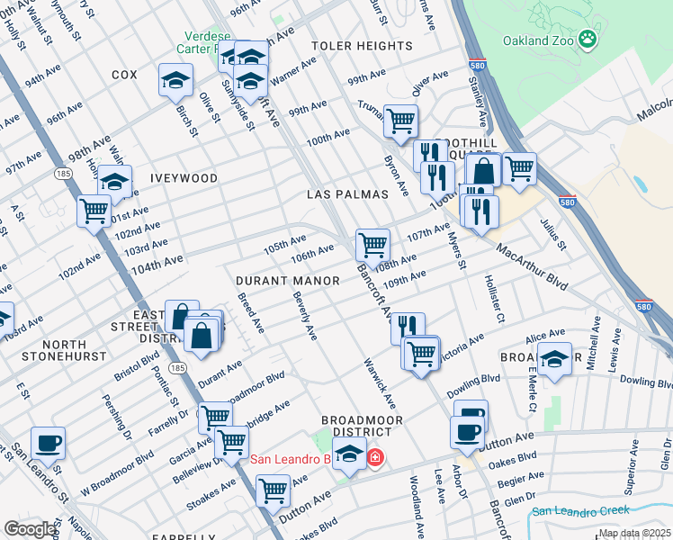 map of restaurants, bars, coffee shops, grocery stores, and more near 2142 107th Avenue in Oakland
