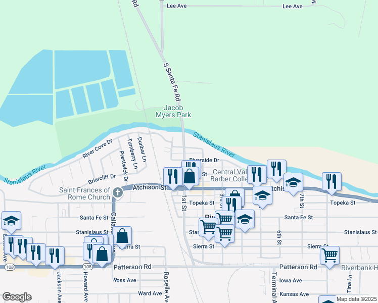 map of restaurants, bars, coffee shops, grocery stores, and more near 3114 Orange Avenue in Riverbank
