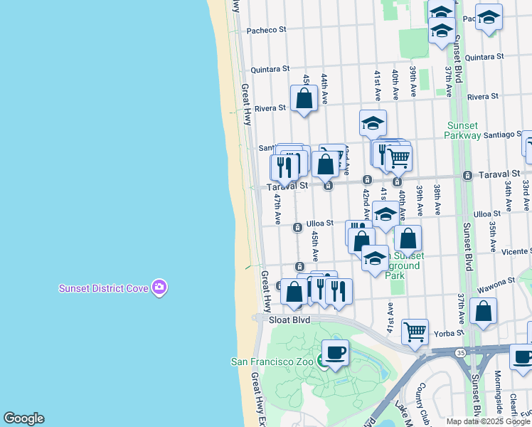 map of restaurants, bars, coffee shops, grocery stores, and more near 2490 Great Highway in San Francisco