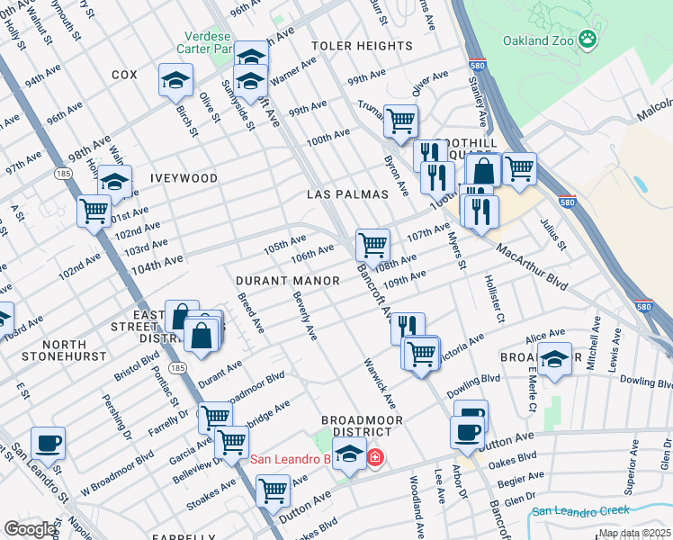 map of restaurants, bars, coffee shops, grocery stores, and more near 2142 107th Avenue in Oakland