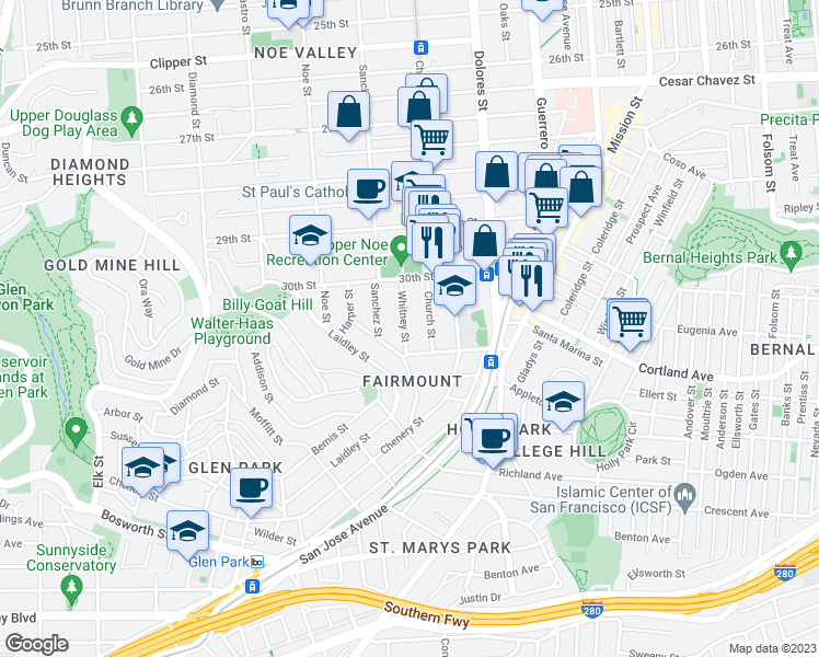 map of restaurants, bars, coffee shops, grocery stores, and more near 69 Whitney Street in San Francisco