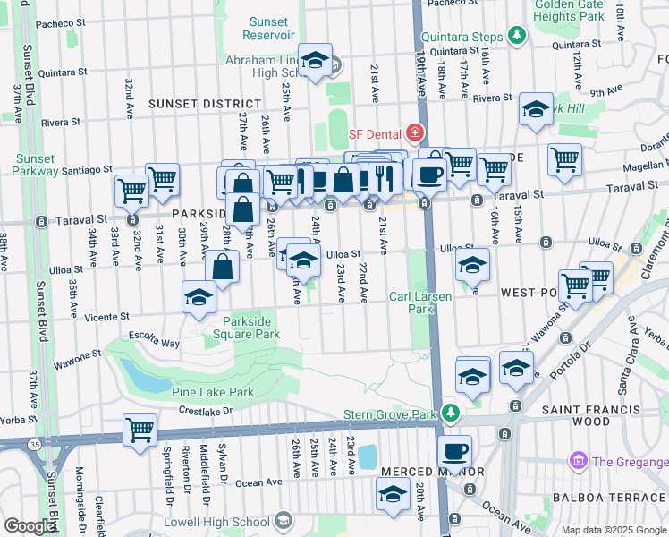 map of restaurants, bars, coffee shops, grocery stores, and more near 2525 23rd Avenue in San Francisco