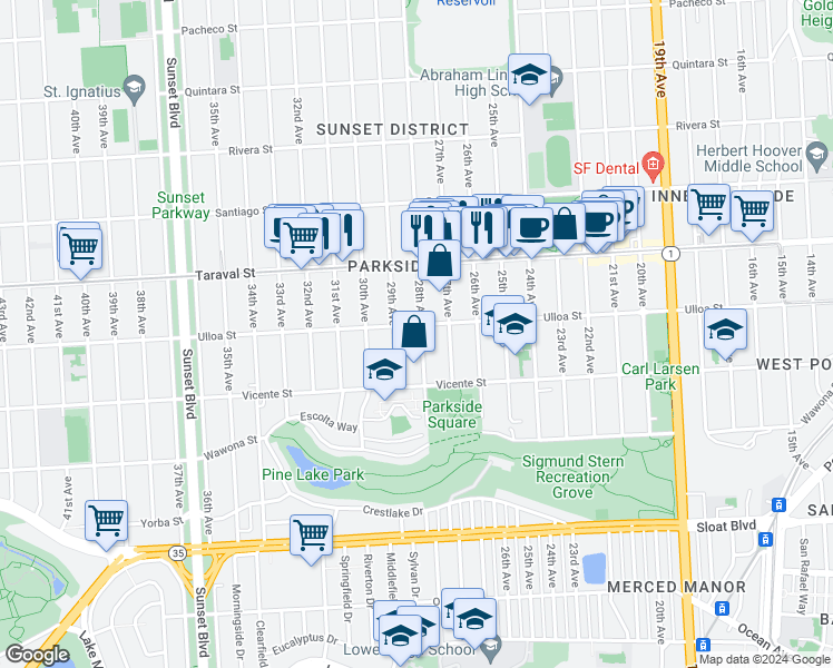 map of restaurants, bars, coffee shops, grocery stores, and more near 2511 28th Avenue in San Francisco