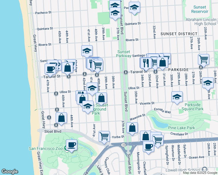 map of restaurants, bars, coffee shops, grocery stores, and more near 3734 Ulloa Street in San Francisco