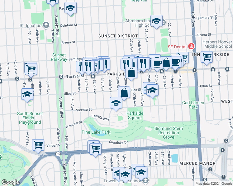 map of restaurants, bars, coffee shops, grocery stores, and more near 2507 29th Avenue in San Francisco