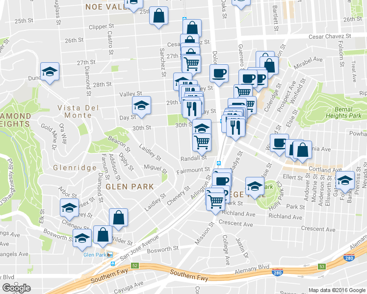 map of restaurants, bars, coffee shops, grocery stores, and more near 160 Randall Street in San Francisco