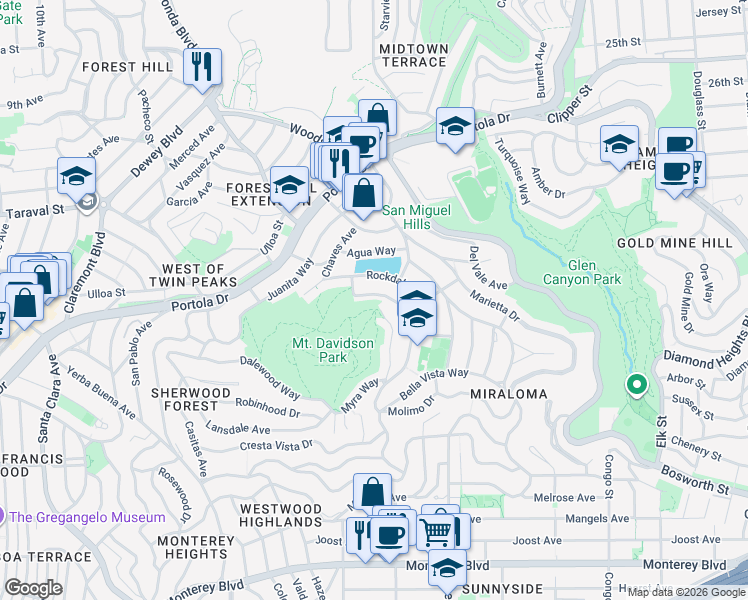 map of restaurants, bars, coffee shops, grocery stores, and more near 787 Myra Way in San Francisco
