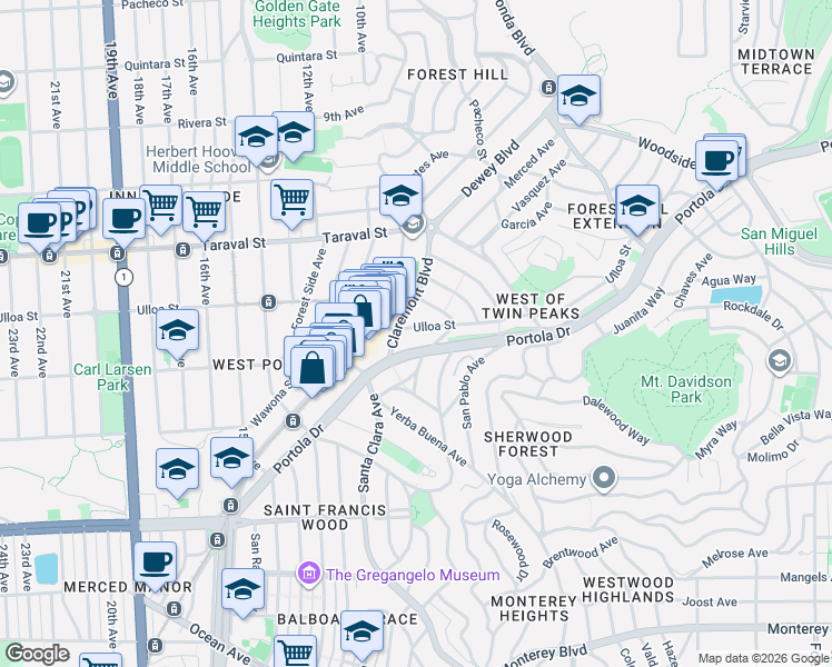 map of restaurants, bars, coffee shops, grocery stores, and more near 1332 Portola Drive in San Francisco