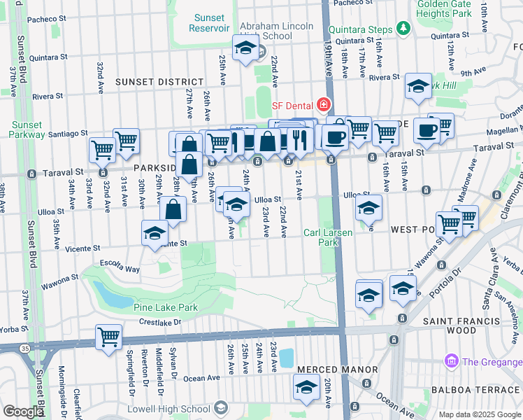 map of restaurants, bars, coffee shops, grocery stores, and more near 2556 23rd Avenue in San Francisco