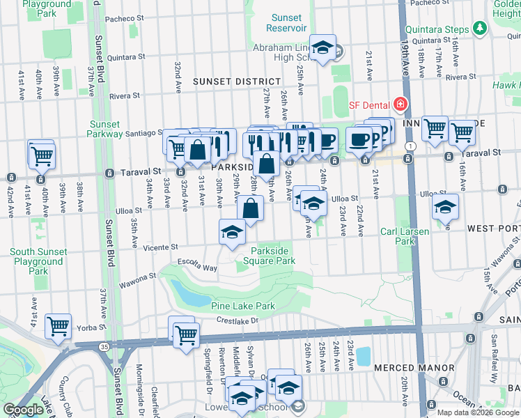 map of restaurants, bars, coffee shops, grocery stores, and more near 2539 28th Avenue in San Francisco