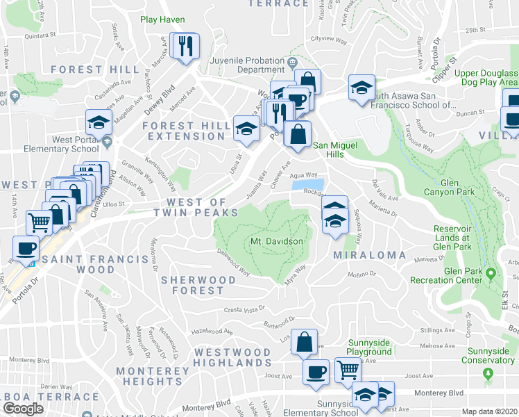map of restaurants, bars, coffee shops, grocery stores, and more near 955 Rockdale Drive in San Francisco