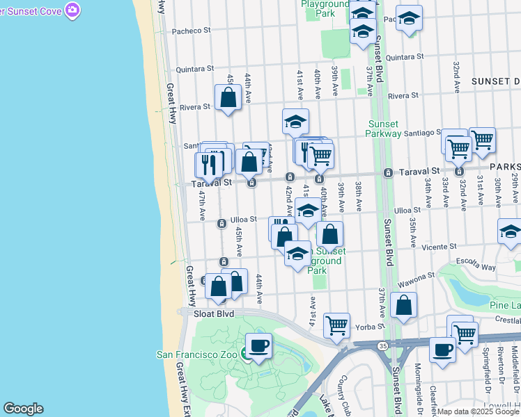 map of restaurants, bars, coffee shops, grocery stores, and more near 4233 Ulloa Street in San Francisco