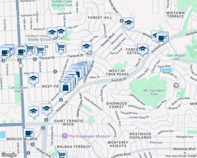 map of restaurants, bars, coffee shops, grocery stores, and more near 2 Santa Paula Avenue in San Francisco
