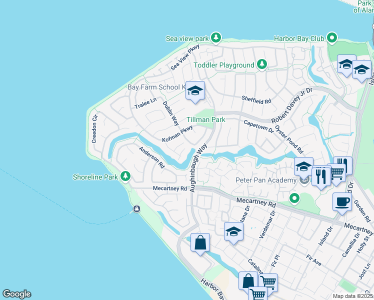 map of restaurants, bars, coffee shops, grocery stores, and more near 86 Kilkenny Place in Alameda