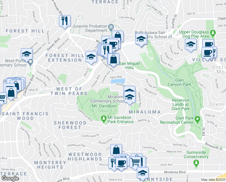 map of restaurants, bars, coffee shops, grocery stores, and more near 787 Myra Way in San Francisco