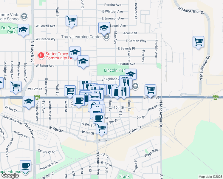map of restaurants, bars, coffee shops, grocery stores, and more near 145 East 12th Street in Tracy