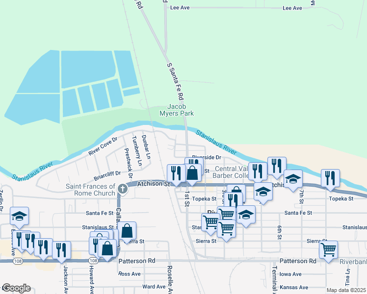 map of restaurants, bars, coffee shops, grocery stores, and more near 3012 Orange Avenue in Riverbank